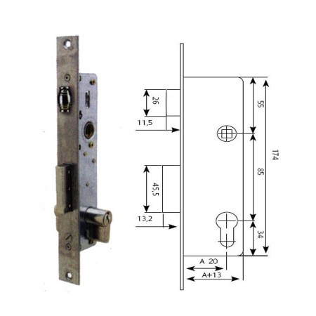 CERRADURA EMBUTIR TESA 2216/20/AI CON RODILLO Y PALETON DESLIZANTE