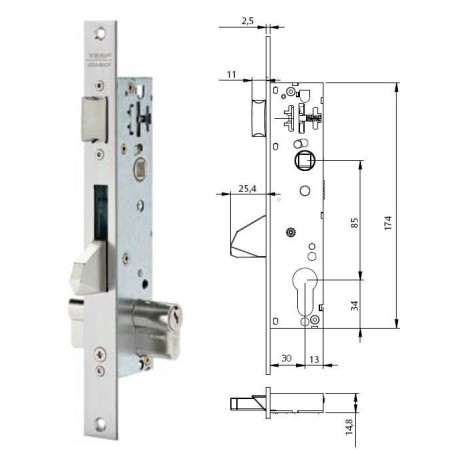 CERRADURA EMBUTIR TESA 2210/30/3SI CON RESBALON Y PALETON BASCULANTE